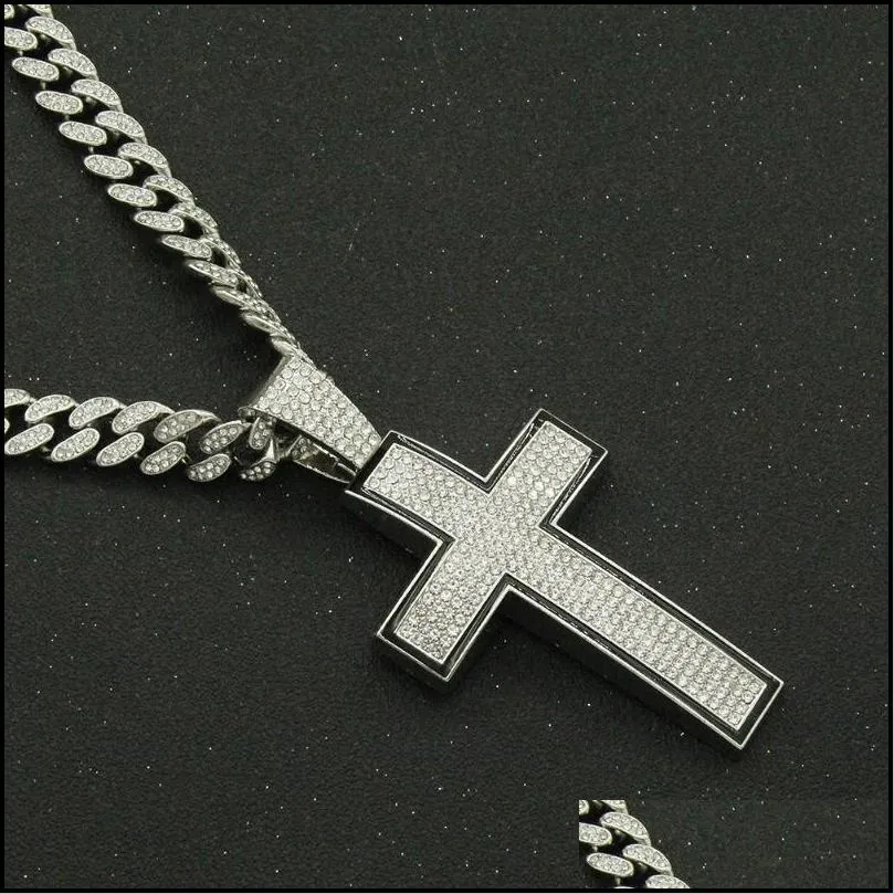 Hip Hop Iced Out Cuban Chains Bling Diamond Sliver Cross Mens Necklace  Big Gold Chain Charm Jewelry For Men