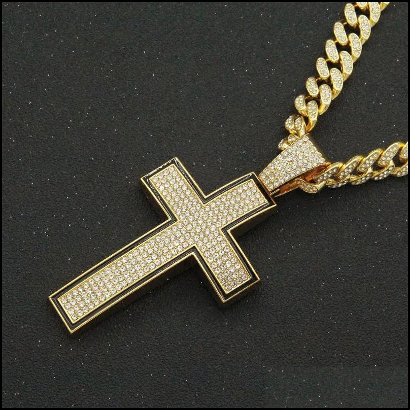 Hip Hop Iced Out Cuban Chains Bling Diamond Sliver Cross Mens Necklace  Big Gold Chain Charm Jewelry For Men
