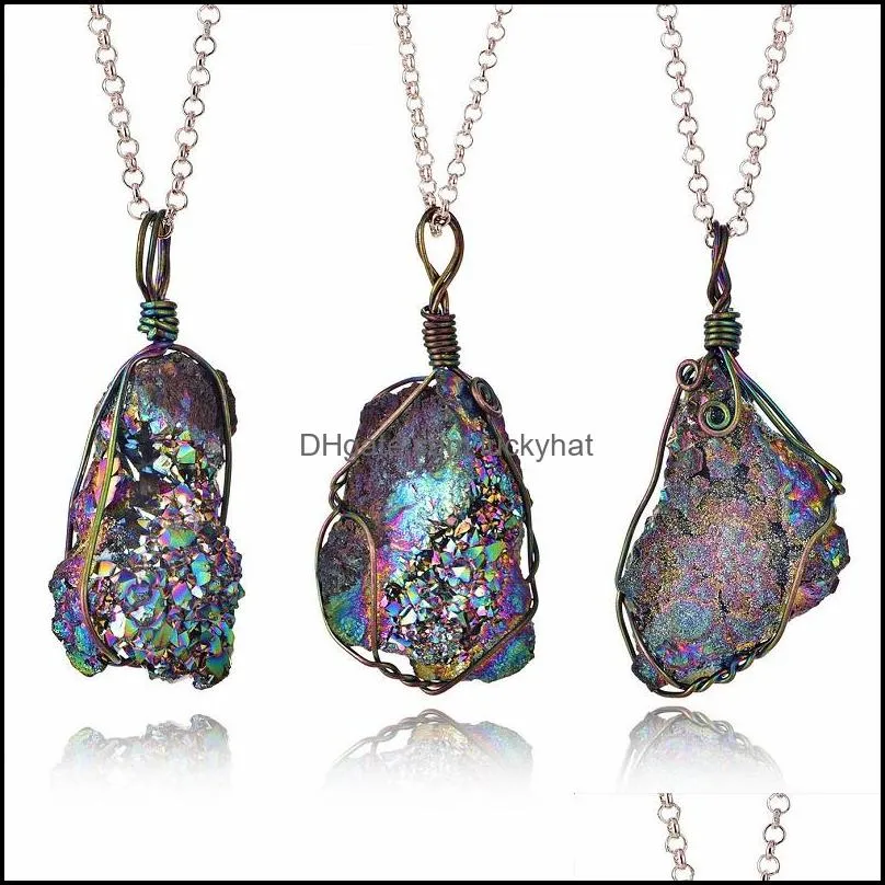 chakra natural stone pendant necklace irregular raw mineral crystal quartz druzy pendant statement necklace vintage jewelry christmas