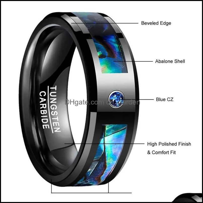 wedding rings men black tungsten carbide ring abalone shell and blue cubic zirconia inlay band beveled edge comfort fitwedding brit22