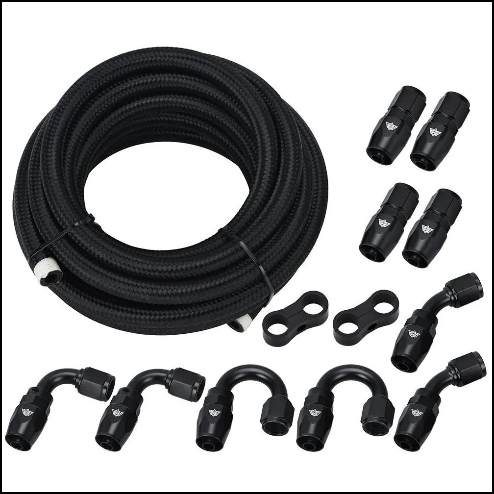 6AN AN6 Oil Fuel Fittings Hose End 0+45+90+180 Degree Oil Adaptor Kit AN6 Braided Oil Fuel Hose Line 5M Black With Clamps PQY-OFK65BK