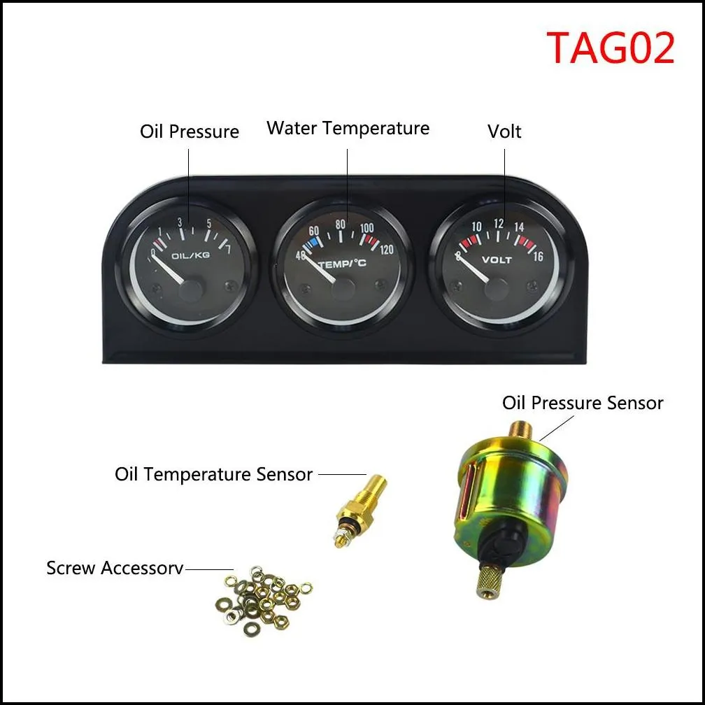 52mm Triple kit Oil Temp Gauge + Water Temp Gauge + Oil Pressure Gauge or Volt meter with Sensor 3in1 Car Meter PQY-TAG01/02/03