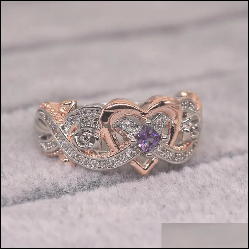 wedding rings exquisite silver plated filled rose gold princess ring purple crystal zircon heart bridal engagement jewelry for