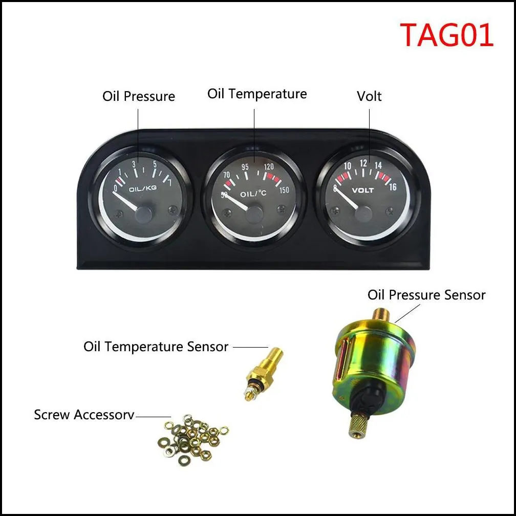 52mm Triple kit Oil Temp Gauge + Water Temp Gauge + Oil Pressure Gauge or Volt meter with Sensor 3in1 Car Meter PQY-TAG01/02/03