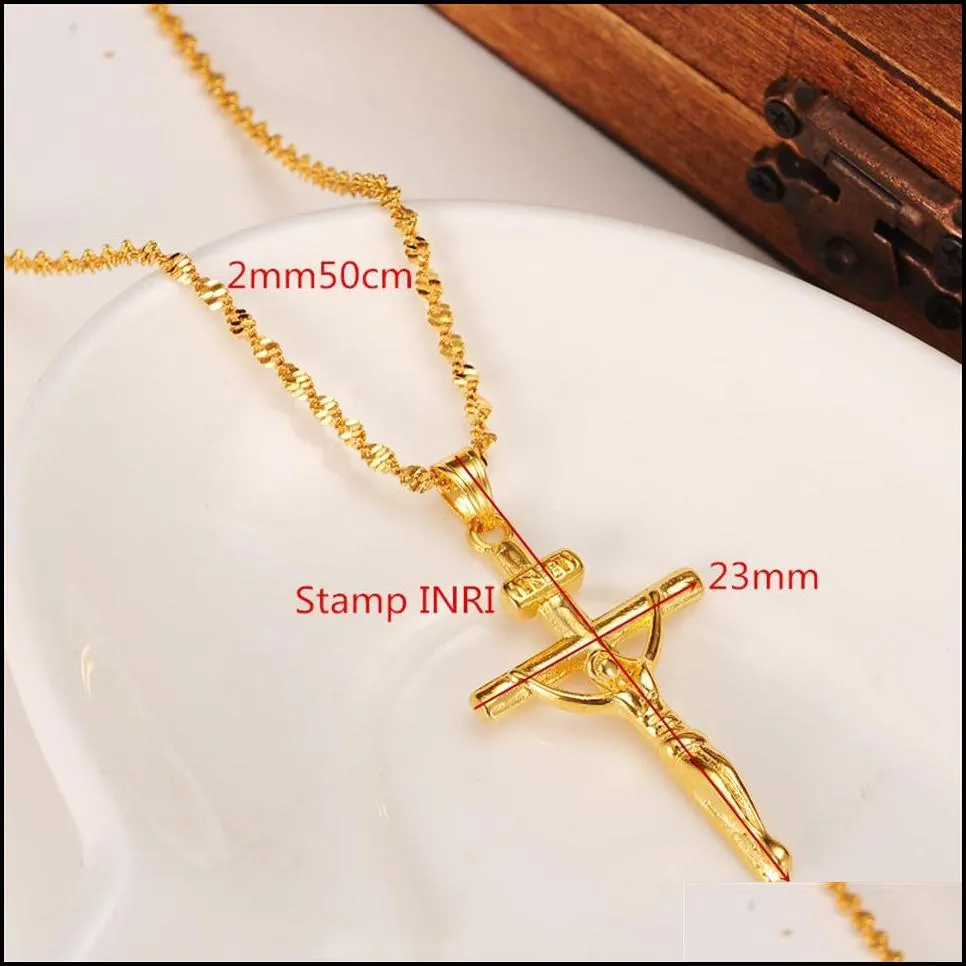 14K yellow Solid gold GF STAMP INRI Jesus Cross Pendant Necklace Loyal Women Charms Crosses Jewelry Christianity Crucifix Gifts