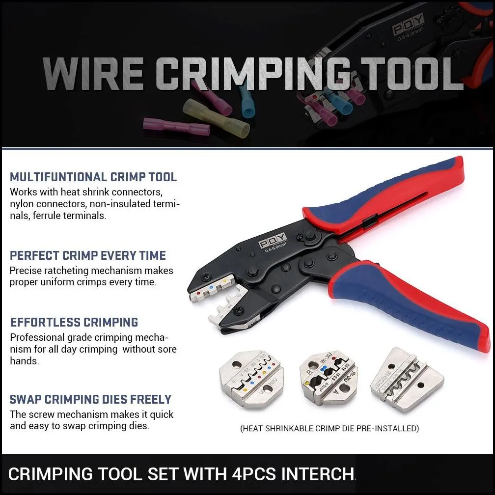Wire Crimping Tool Set Ratchet Terminal Crimper 4 PCS Interchangeable Dies Fit For Heat Shrink Connectors 0.5-6.0mm²/ 20-10AWG