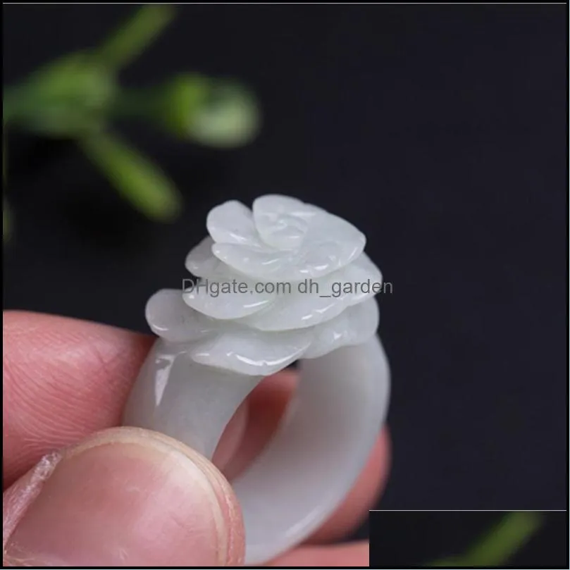 Wedding Rings Trend Band Ring Natural Jade Stones For Women Jewellery Emerald Rose Flower Hand-Carved Ladies Luxury JewelryWedding