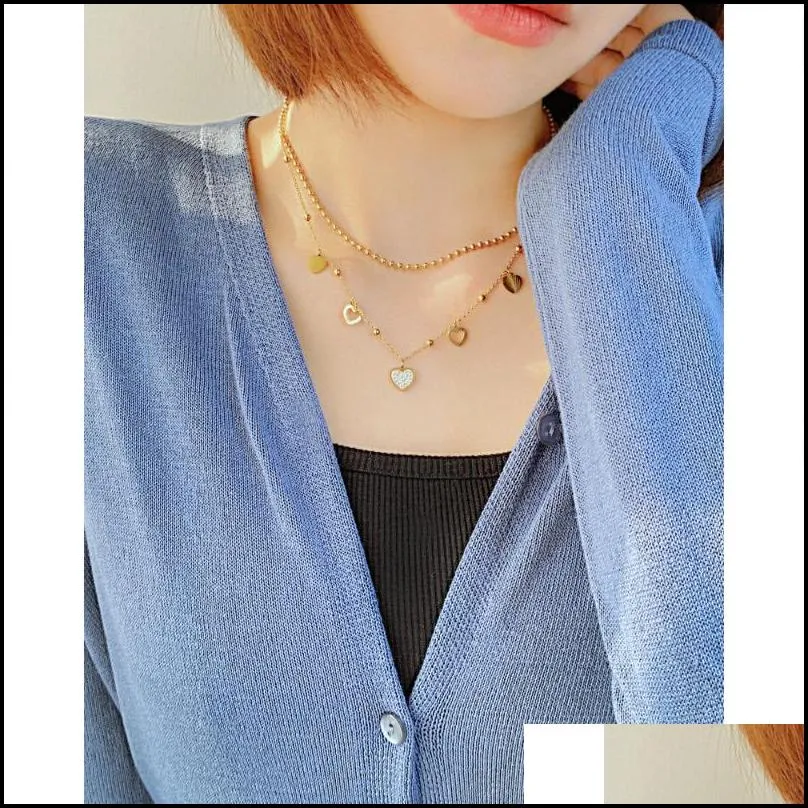 Lovely Sweet Heart Chart Necklace Double Layer Stainless Steel Round Beads Women`s Jewelry Gift
