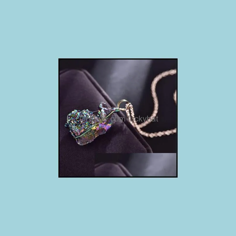 chakra natural stone pendant necklace irregular raw mineral crystal quartz druzy pendant statement necklace vintage jewelry christmas