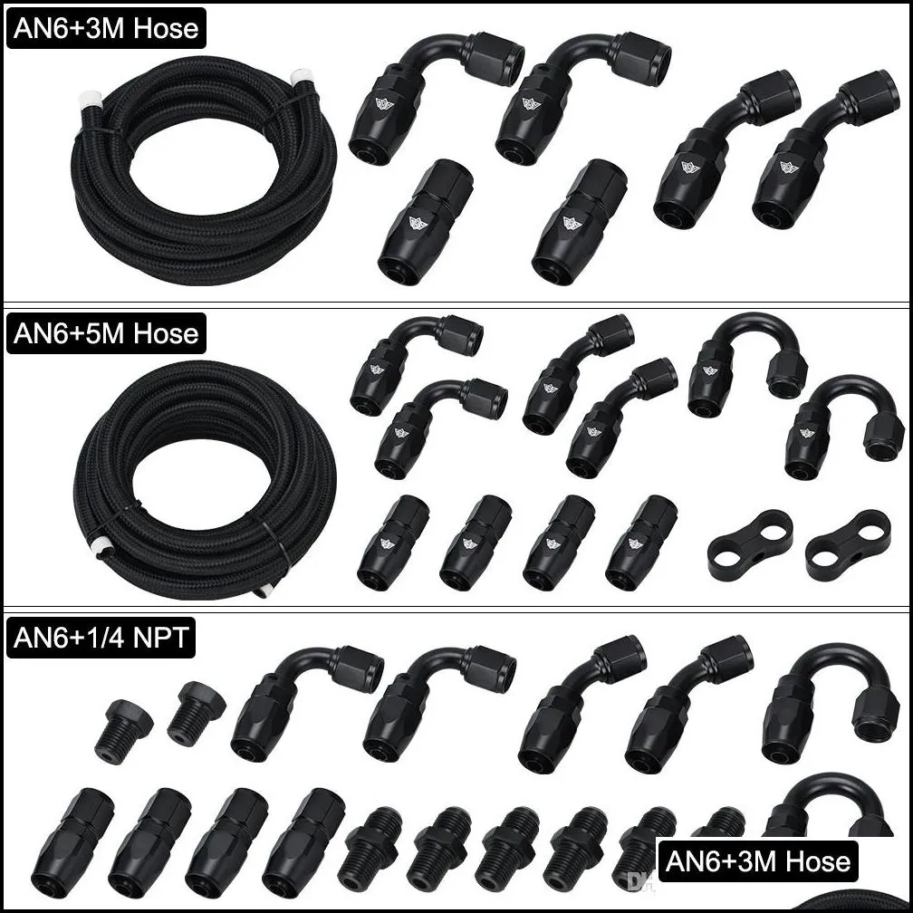 6AN AN6 Oil Fuel Fittings Hose End 0+45+90+180 Degree Oil Adaptor Kit AN6 Braided Oil Fuel Hose Line 5M Black With Clamps PQY-OFK65BK