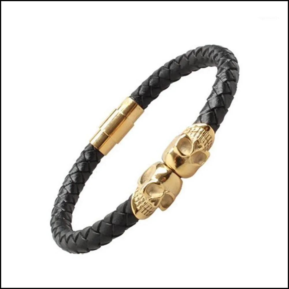 cuff braided leather band bracelet men gothic punk skull in solid titanium stainless steel dia 8mm gold rose silver black color