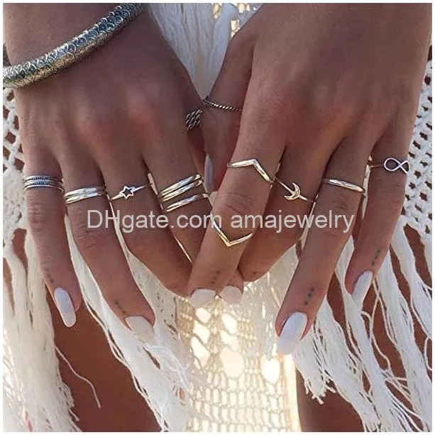 boho gold silver ring set star moon knuckle rings for women teen girls stackable midi finger rings set wave turquoise evil eye rings multiple rings bulk pack