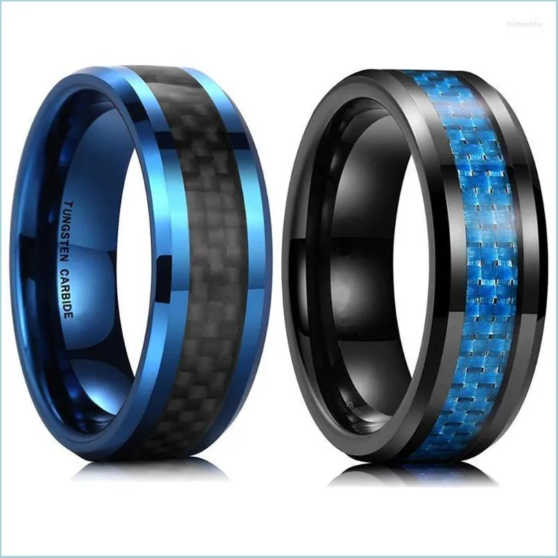 Wedding Rings Fashion 8mm Black Tungsten For Men Women Blue Carbon Fiber Inlay Stainless Steel Ring Engagement Party JewelryWedding