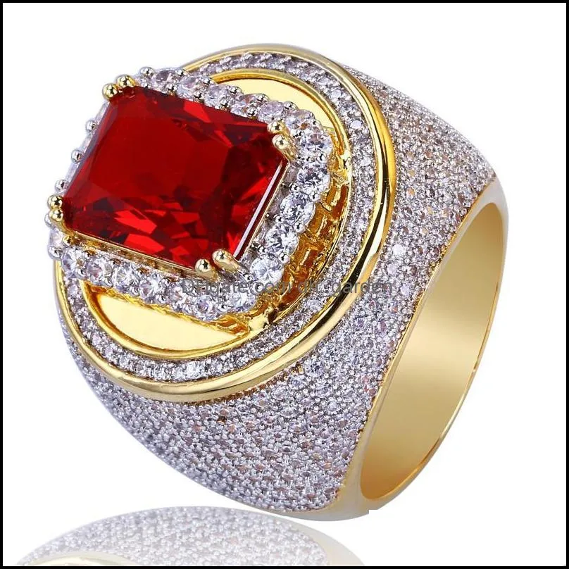 Wedding Rings Est Fashion Big Red Geometric Ring With Zircon Stone Yellow Gold Filled Large For MenWedding
