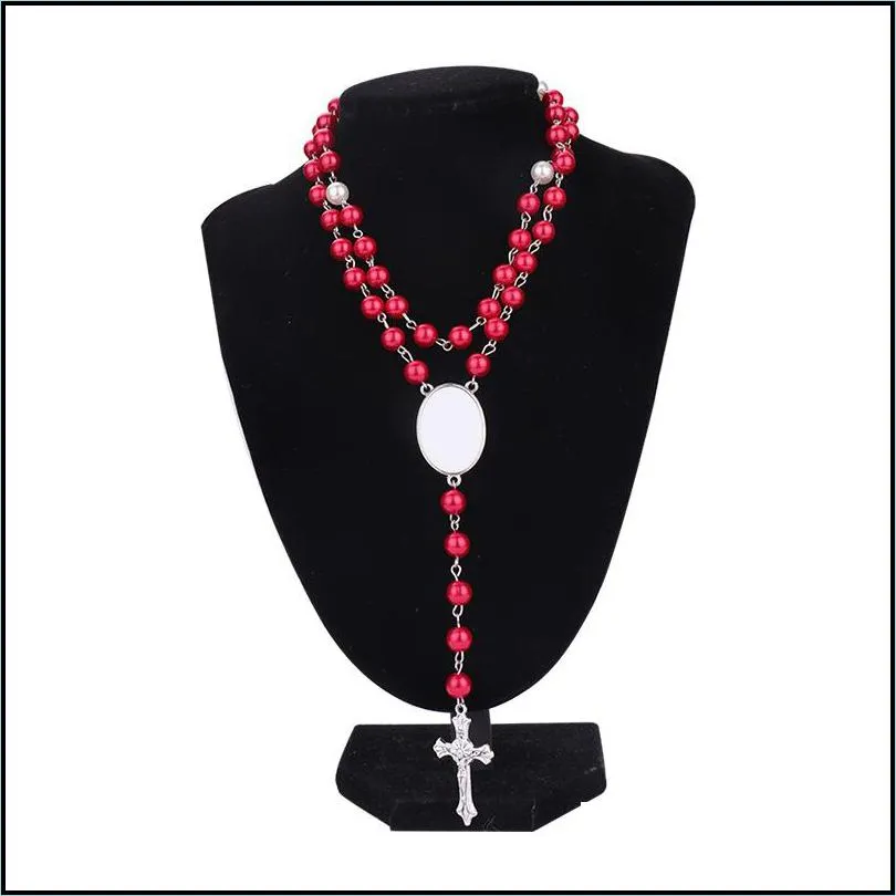 4 colors sublimation necklace heat transfer pendant rosary bead necklace cross jesus metal pendants
