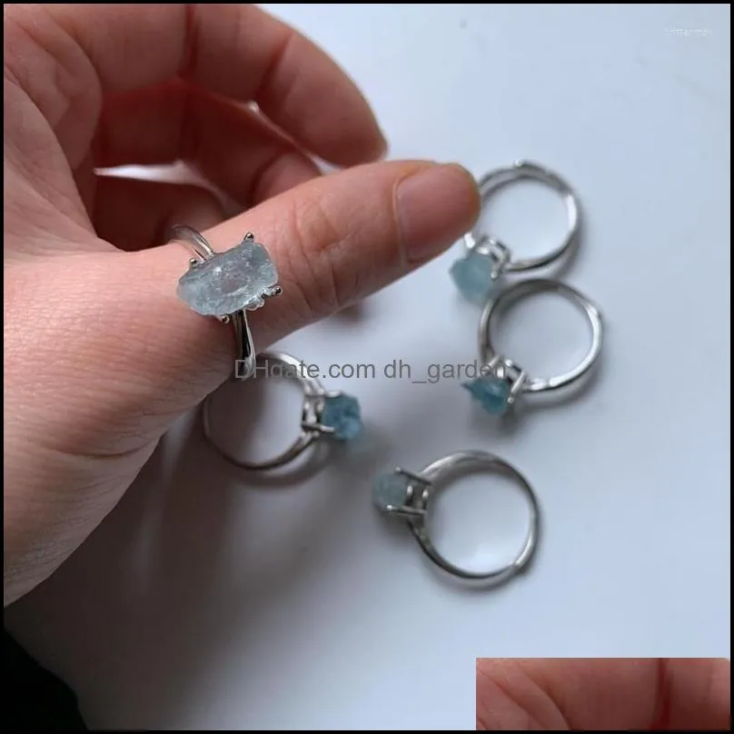 Wedding Rings Natural Raw Stone Aquamarine Ring Genuine For Women Men Open Adjustable Silver Plated Blue Crystal Rough Jewelry 1pc