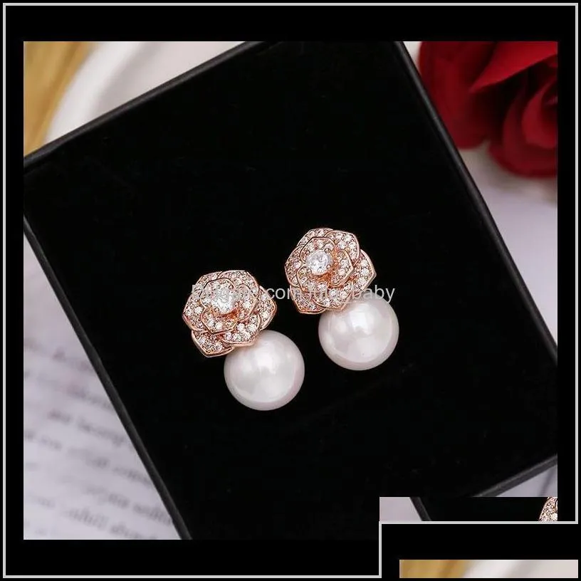 Lovely Diamond Zircon Camillia Flower Pearl Earrings For Woman Girls Super Glittering Ins Fashion Luxury Designer 925 Silver Post C6St