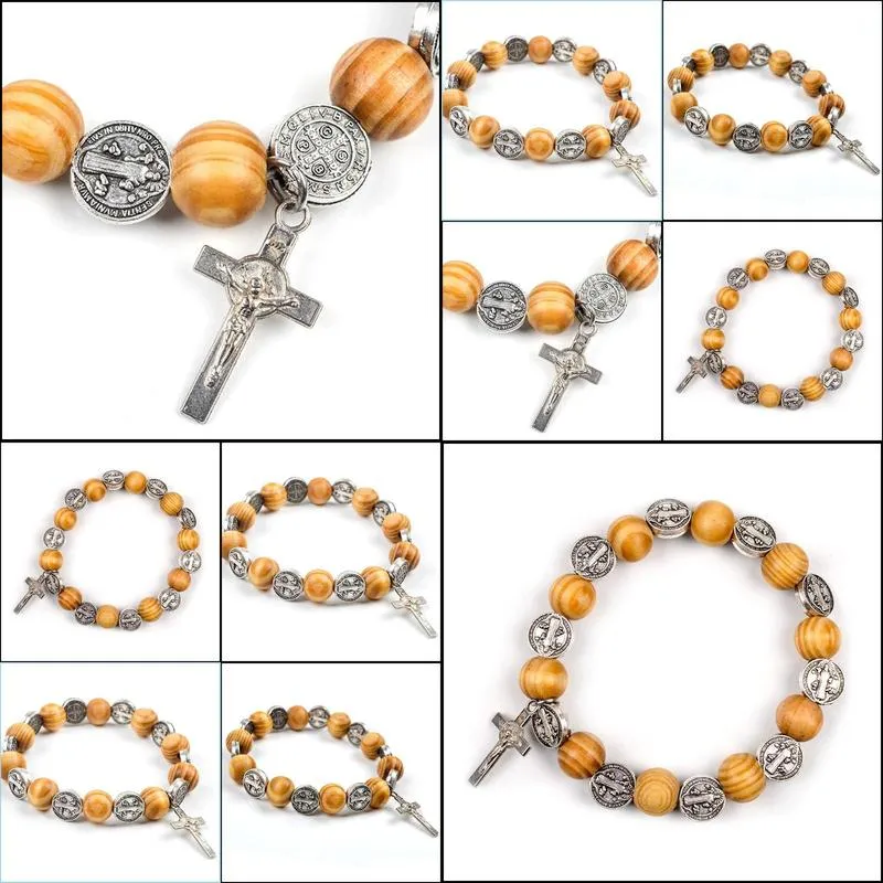 bangle komi natural solid wood elastic wire alloy saint religious rosary bracelet men women catholic jesus christ jewelry pulsera