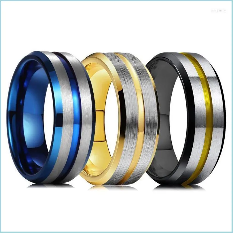 Wedding Rings Fashion 8mm Stainless Steel For Men Blue Gold Groove Beveled Edge Engagement Men`s Anniversary Jewelry GiftsWedding