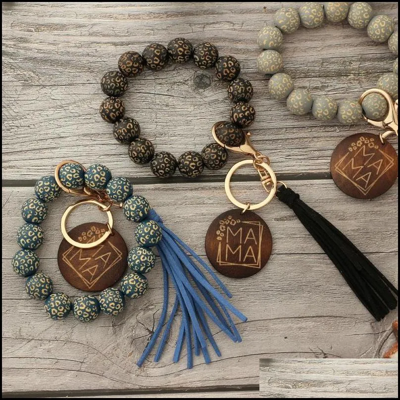 mother`s day letters printing wooden bead bracelet keychain sunflower wristlet beads womens bracelet keychains 8 colors good quality