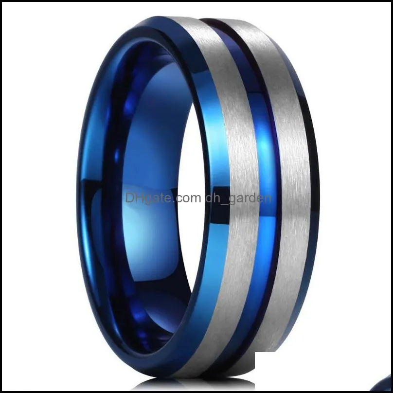 Wedding Rings Fashion 8mm Stainless Steel For Men Blue Gold Groove Beveled Edge Engagement Men`s Anniversary Jewelry GiftsWedding