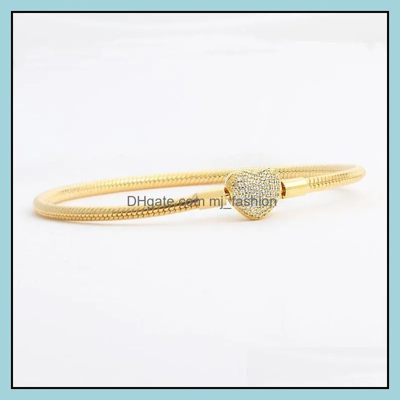 18k yellow gold plated cz diamond heart bracelets original box set for  925 silver snake chain bracelet for women wedding