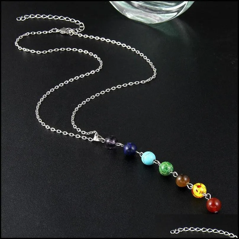 silver simple style 7 chakra multicolor natural stone beads pendant necklace long chain for women charm collier collares yoga jewelry
