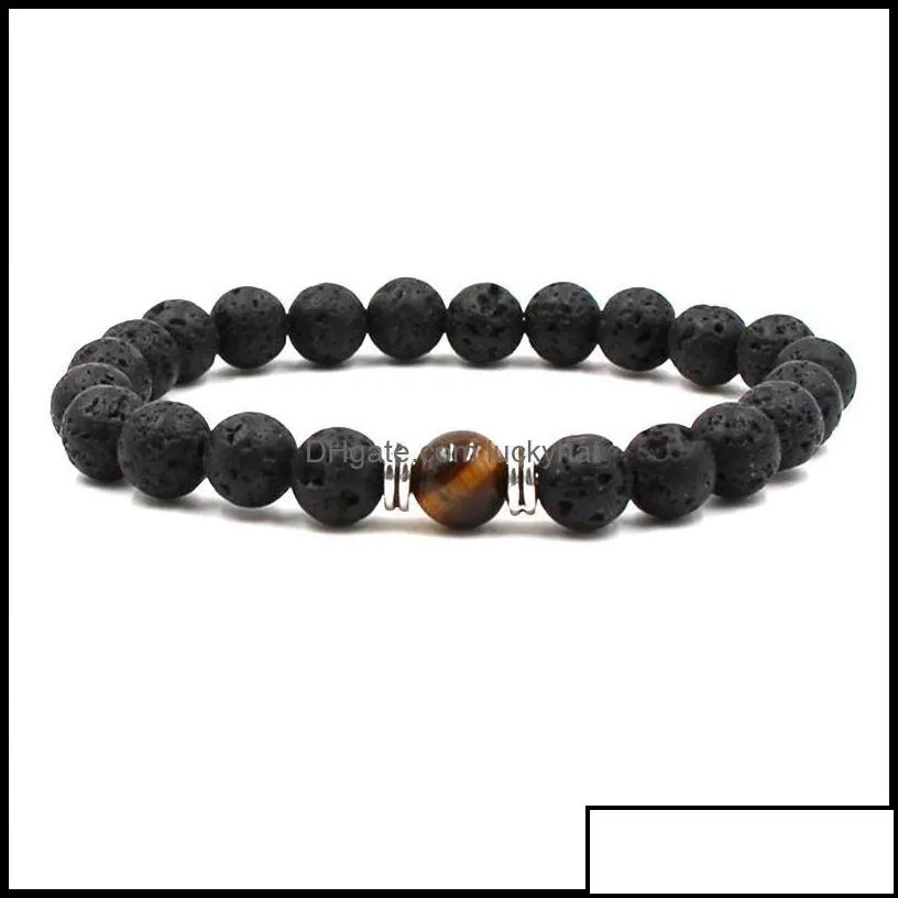 Charm Bracelets Jewelry Black Volcanic Lava Stone 8Mm Yoga Beads Natural Stones Stretch Beaded  Oil Diffu Dhf0X