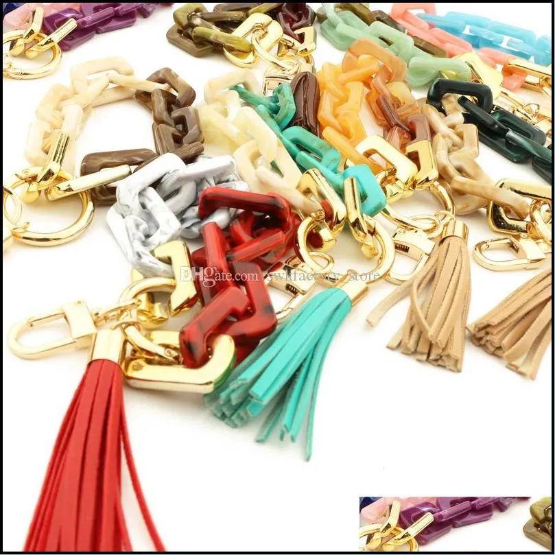 design colorful acrylic keychain pu leather tassel key ring girls chain shape wristlet bracelet keychain for women