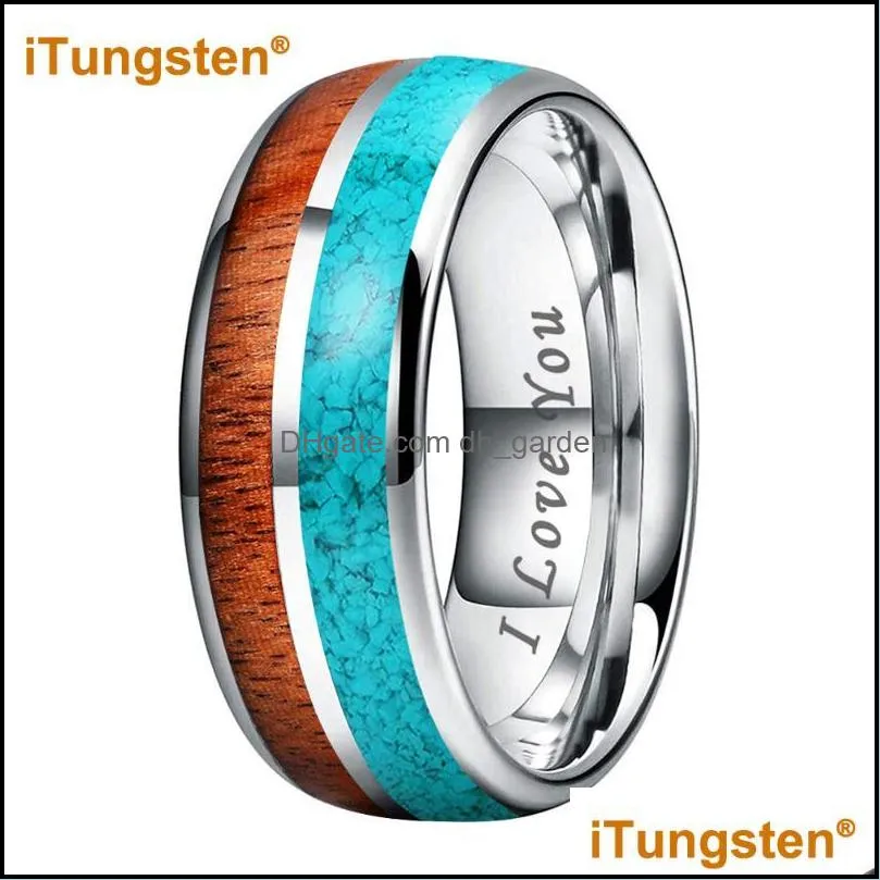 Wedding Rings ITungsten 8mm Drop Tungsten Carbide Ring For Men Women Engagement Band Blue-Turquoise Koa Wood Inlay Comfort FitWedding