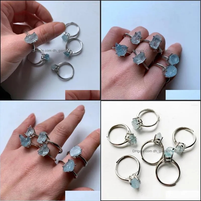 Wedding Rings Natural Raw Stone Aquamarine Ring Genuine For Women Men Open Adjustable Silver Plated Blue Crystal Rough Jewelry 1pc