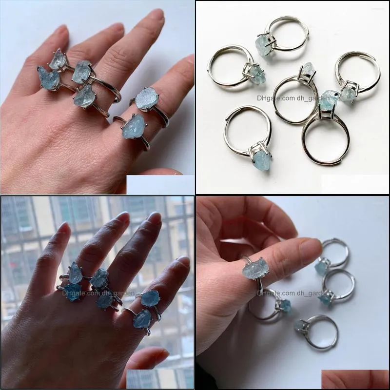 Wedding Rings Natural Raw Stone Aquamarine Ring Genuine For Women Men Open Adjustable Silver Plated Blue Crystal Rough Jewelry 1pc