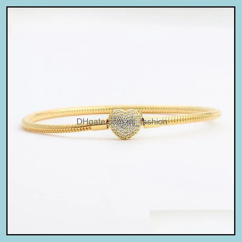 18k yellow gold plated cz diamond heart bracelets original box set for  925 silver snake chain bracelet for women wedding