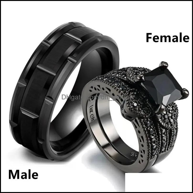 Wedding Rings Couple For Women Black Rhinestone Female Set Trendy Men Stainless Steel Ring Fashion Jewelry Lover GiftsWedding Brit22