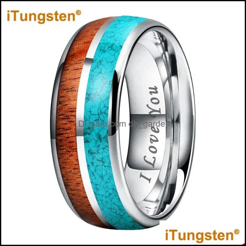 Wedding Rings ITungsten 8mm Drop Tungsten Carbide Ring For Men Women Engagement Band Blue-Turquoise Koa Wood Inlay Comfort FitWedding