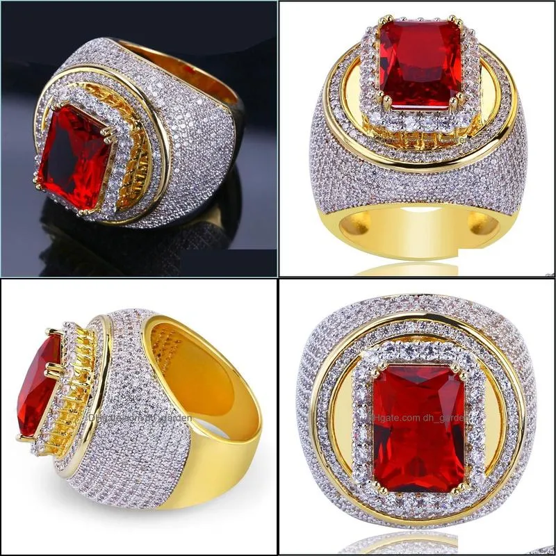 Wedding Rings Est Fashion Big Red Geometric Ring With Zircon Stone Yellow Gold Filled Large For MenWedding