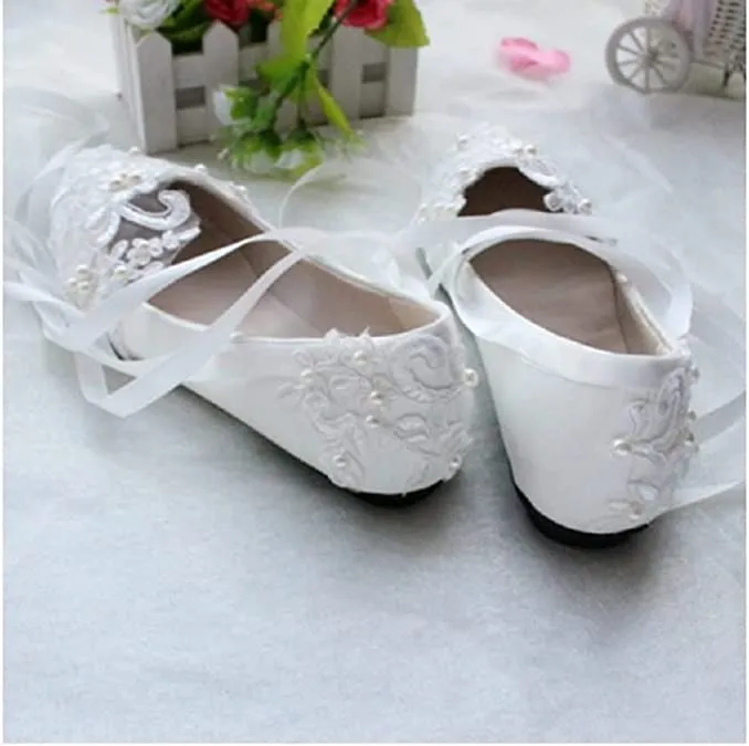 White Mary Jane Lace Pearls Wedding Shoes For Brides With Ribbon Strappy Bridal Shoes Low Heel Handmade Appliqued Chic Ladies Performance Flats AL2497
