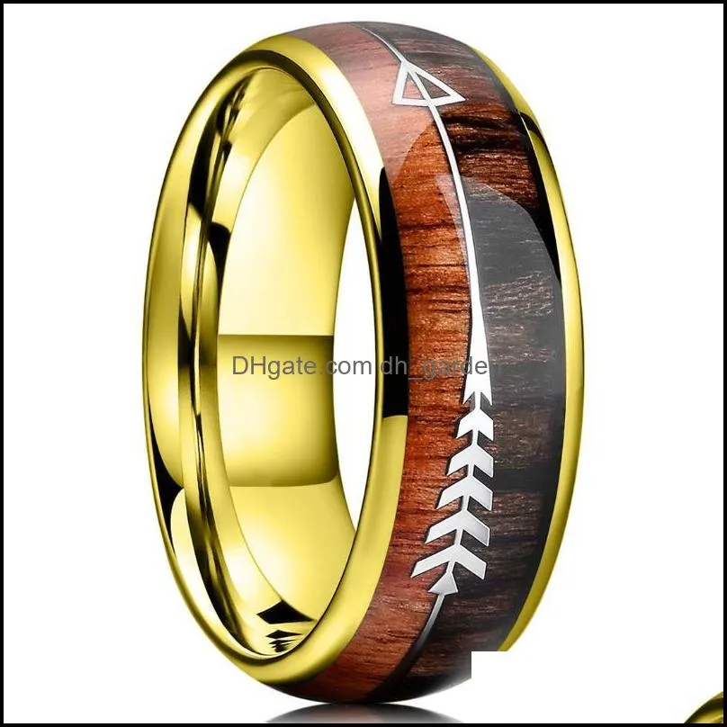 Wedding Rings Fashion 8mm Gold Stainless Steel Ring For Men Women Hawaiian Koa Wood Arrow Inlay Hunting High Polished BandWedding