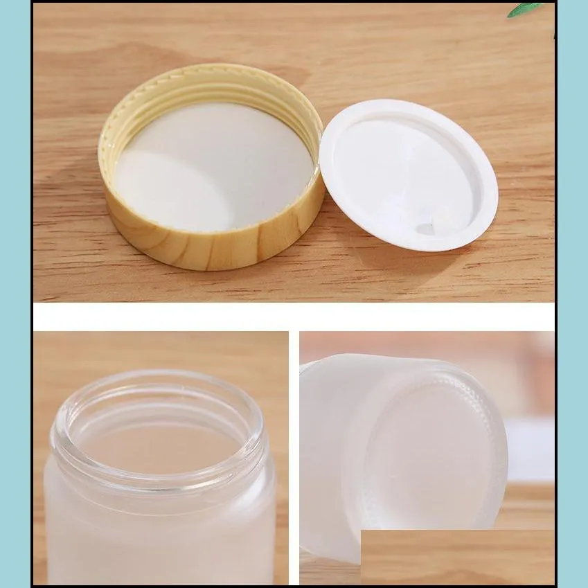 frosted glass jar cream bottle round cosmetic jars hand face packing bottle 5g 50g jares with wood grain cover