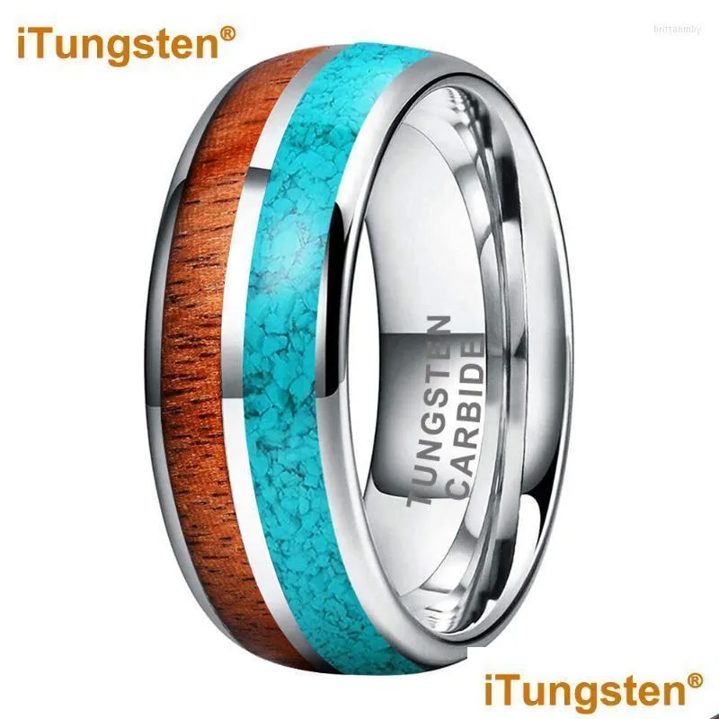 Wedding Rings ITungsten 8mm Drop Tungsten Carbide Ring For Men Women Engagement Band Blue-Turquoise Koa Wood Inlay Comfort FitWedding