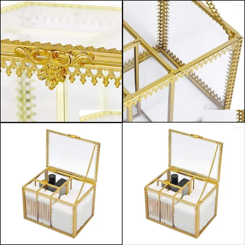 hooks glass cosmetic storage box vintage frame dustproof cotton ball pad lipstick makeup sponges organizer holder golden