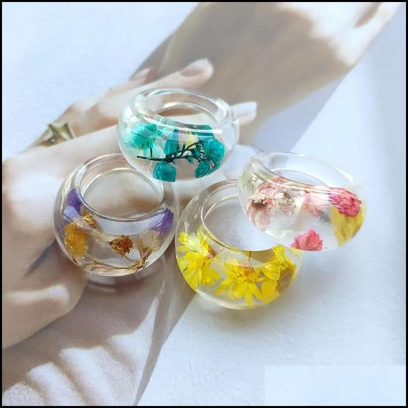 spring summer trendy transparent acrylic dried flowers resin ring for women party daily vacation jewelry gift