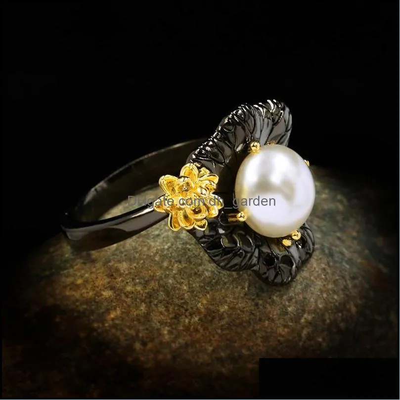 wedding rings vintage female white pearl thin ring classic 14kt black gold luxury bridal flower engagement for womenwedding brit22