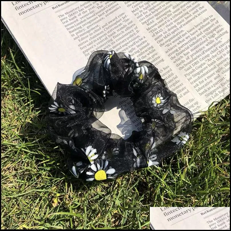 organza hair scrunchie sweet cute daisy print hair ring women elastic rubber bands hairtie