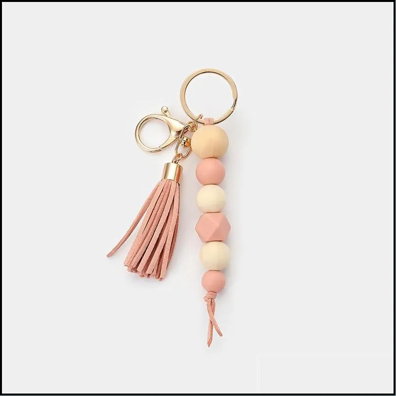 fashion beads keychains for women girls simple summer silicon wood beaded pendant tassel keychain accessory gifts