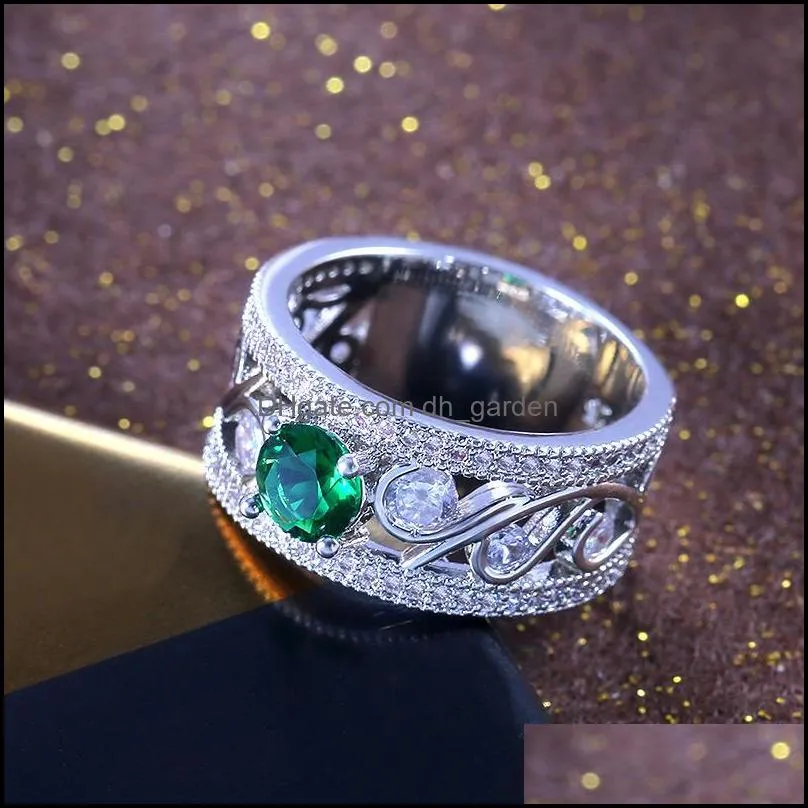 wedding rings hollow out flower green stone for women cubic zirconia wide finger engagement ring female vintage jewelrywedding brit22