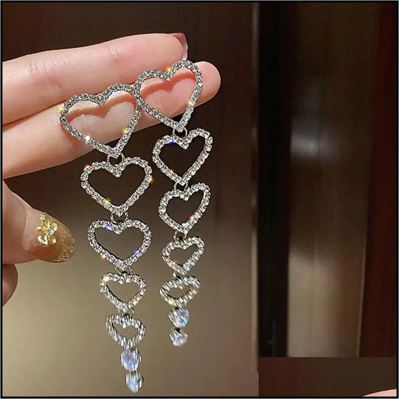 long tassel hoop crystal drop earrings for women shiny hear rhinestone dangle weddings bride jewelry gifts