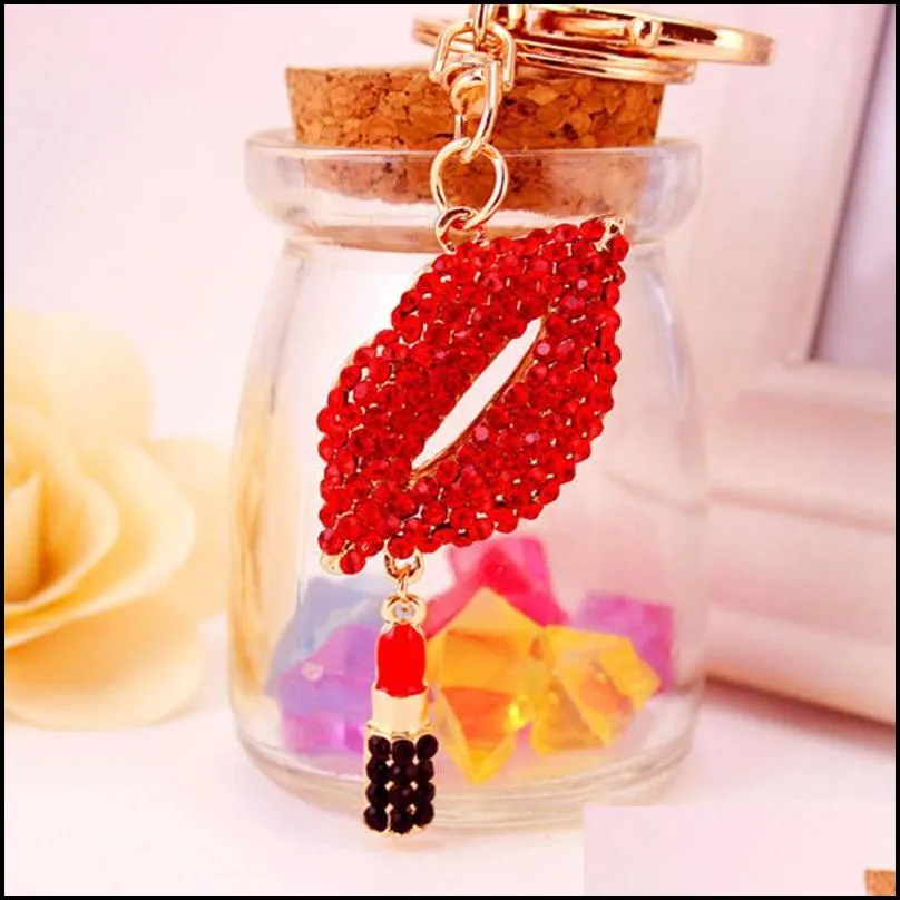 big crystal crown keychain rhinestone lipstick keyring car charms key holder creative gift for girlfriend