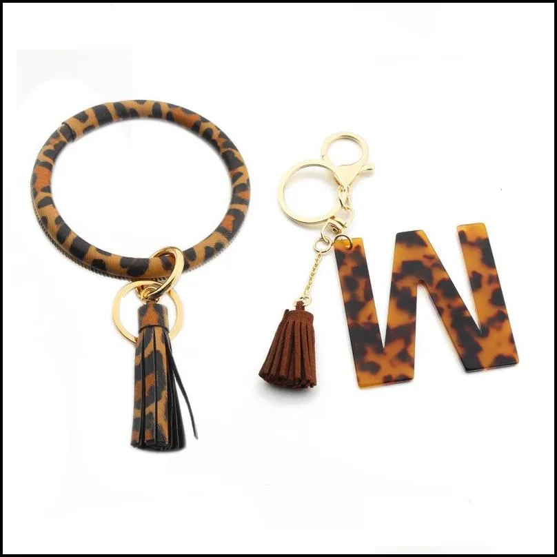 keychain bracelet tassel classic leopard print az initial acetate pendant bangle exaggerated big round keyrings wrist strap