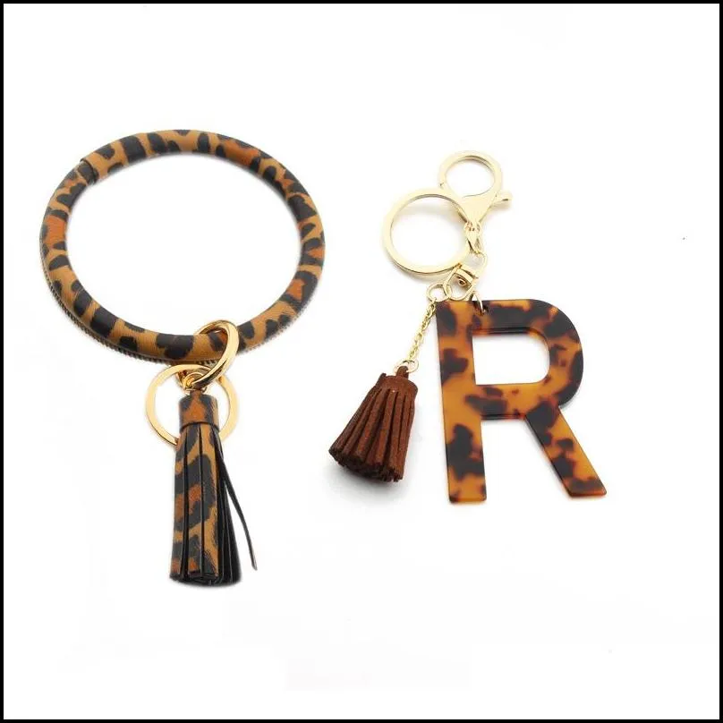 leopard acetate initial keychain gold color leather keyring bracelet classic pendant alphabet resin keyrings gift 26 letters